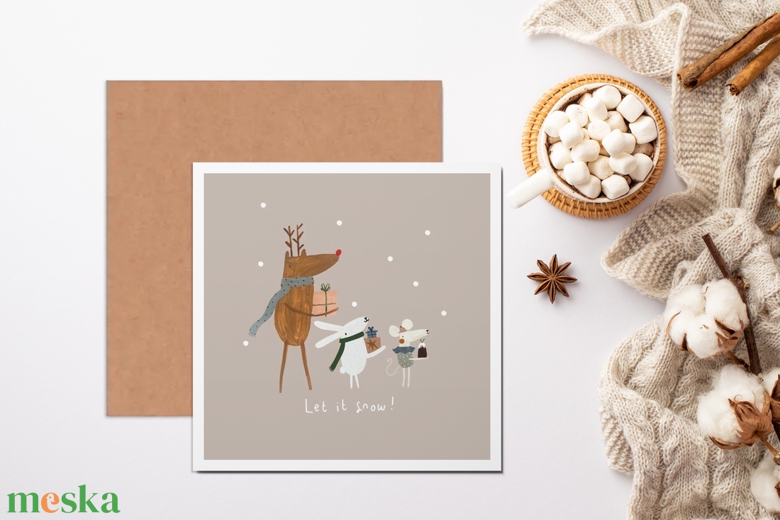 Karácsonyi képeslap, kinyitható üdvözlőlap, Let it snow, rénszarvas - karácsony - karácsonyi ajándékozás - karácsonyi képeslap, üdvözlőlap, ajándékkísérő - Meska.hu