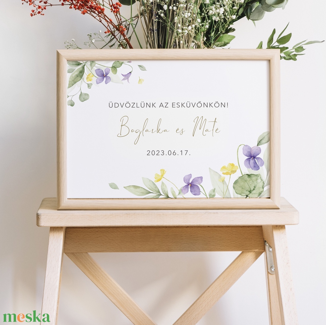 Boglárka esküvői üdvözlő tábla, esküvői vendég köszöntő, vendégváró tavaszi virágos poszter - esküvő - dekoráció - tábla & jelzés - Meska.hu