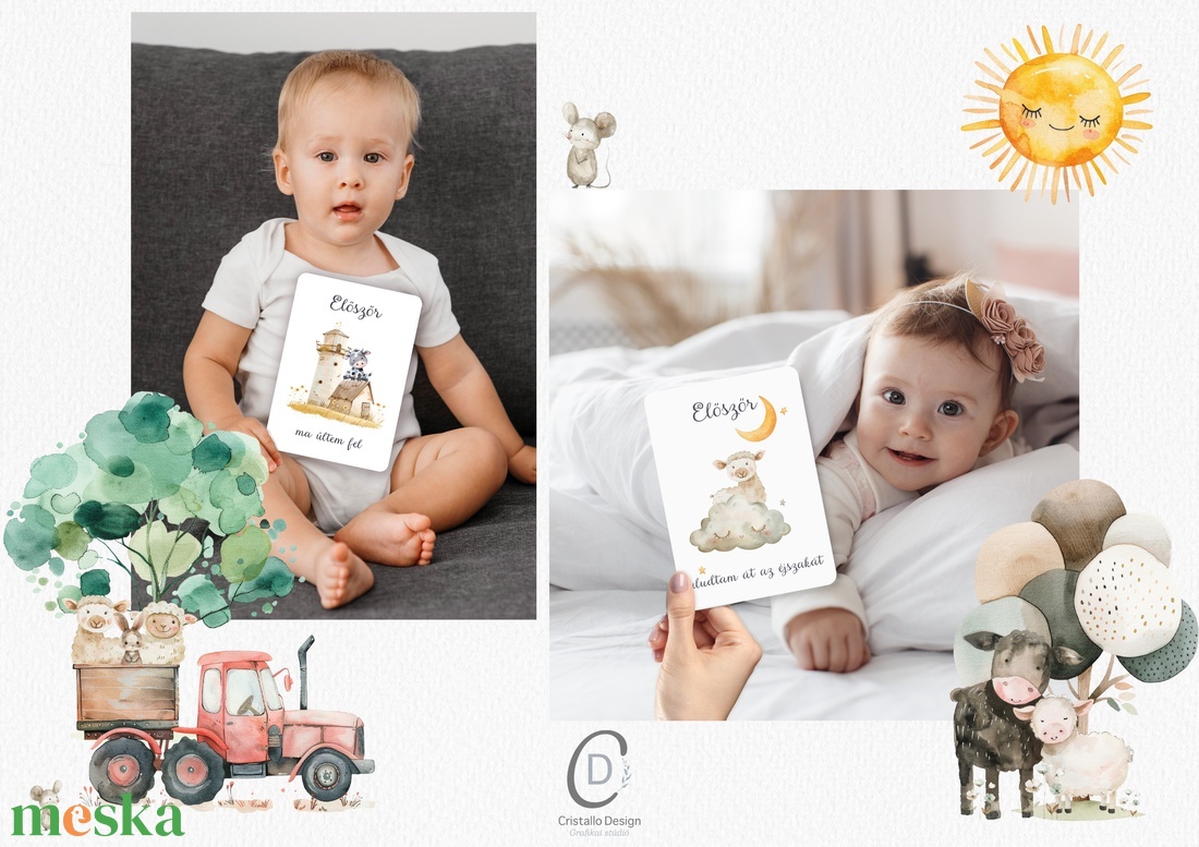 Baba mérföldkő, emlékőrző kártyacsomag, farm állatos baba box, 18 db - játék & sport - babalátogató ajándékcsomag - Meska.hu
