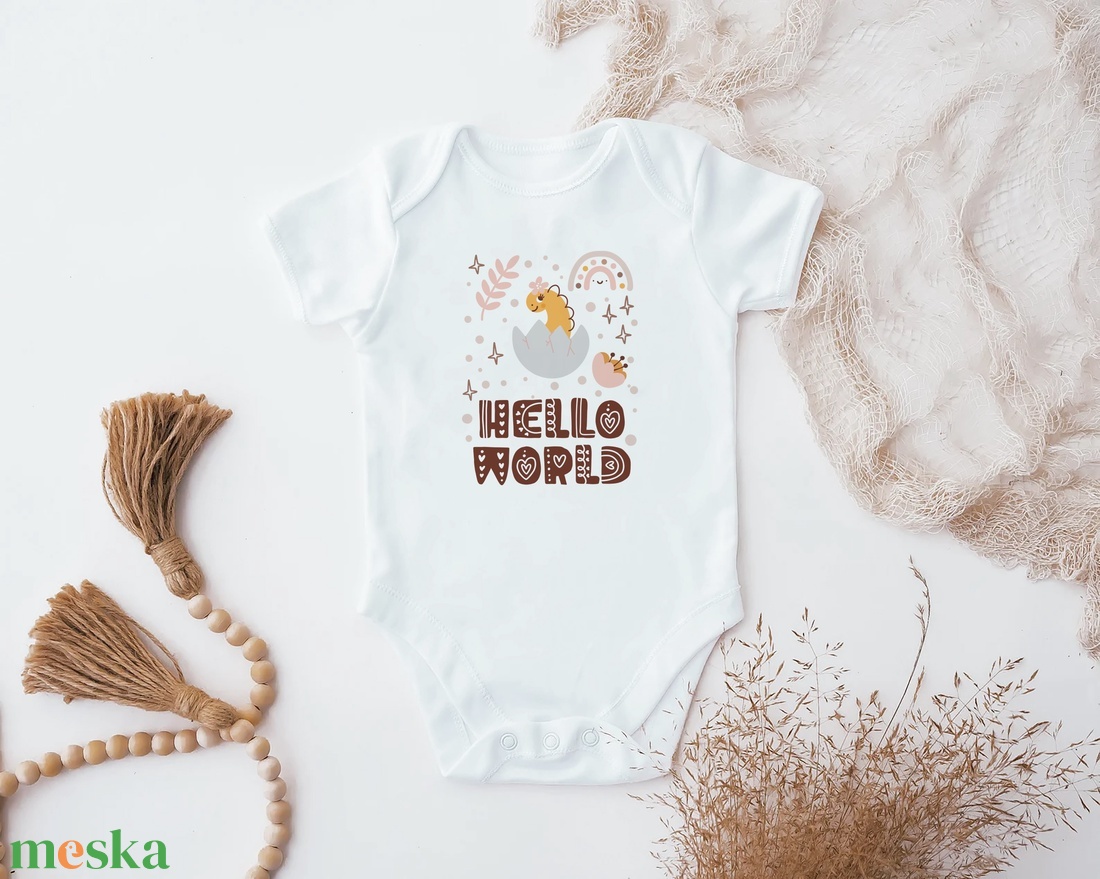 Hello World baba body, dinós megérkeztem body, kislánynak - ruha & divat - babaruha & gyerekruha - body - Meska.hu