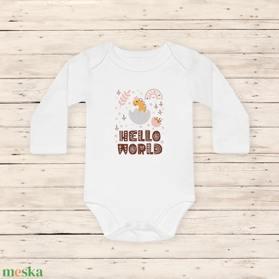Hello World baba body, dinós megérkeztem body, kislánynak - ruha & divat - babaruha & gyerekruha - body - Meska.hu