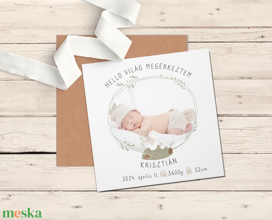 Nyuszis bababejelentő kártya, fényképes megérkeztem képeslap, unisex - otthon & életmód - papír, írószer - ajándékozás kellékei - képeslap, üdvözlőlap - Meska.hu