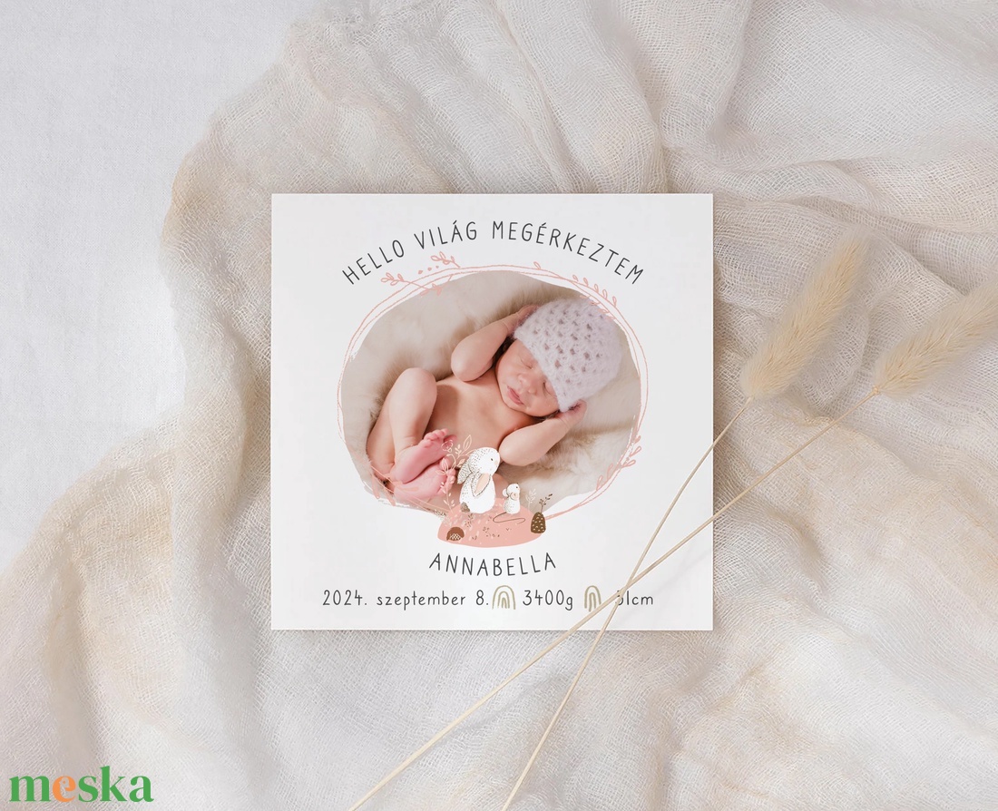 Nyuszis bababejelentő kártya, fényképes megérkeztem képeslap, unisex - otthon & életmód - papír, írószer - ajándékozás kellékei - képeslap, üdvözlőlap - Meska.hu