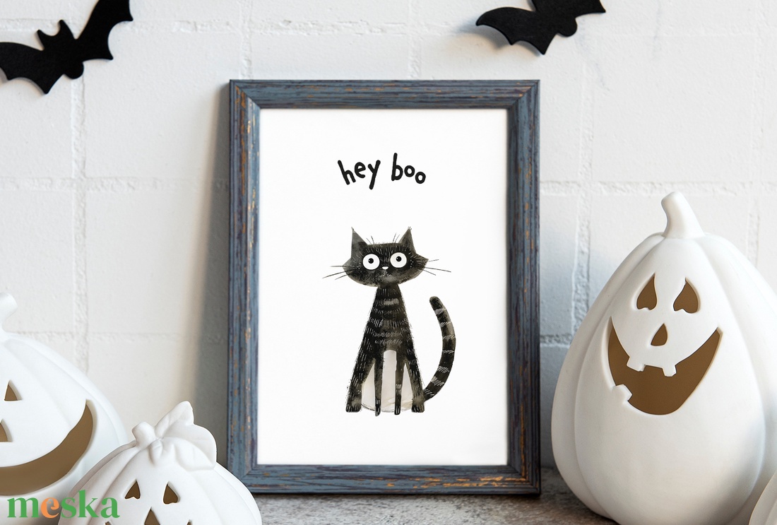 Hey Boo Halloween képeslap, macskás üdvözlőlap, ajándékkísérő szett 4 db - otthon & életmód - dekoráció - halloween - halloweeni meghívó, képeslap, ajándékkísérő - Meska.hu