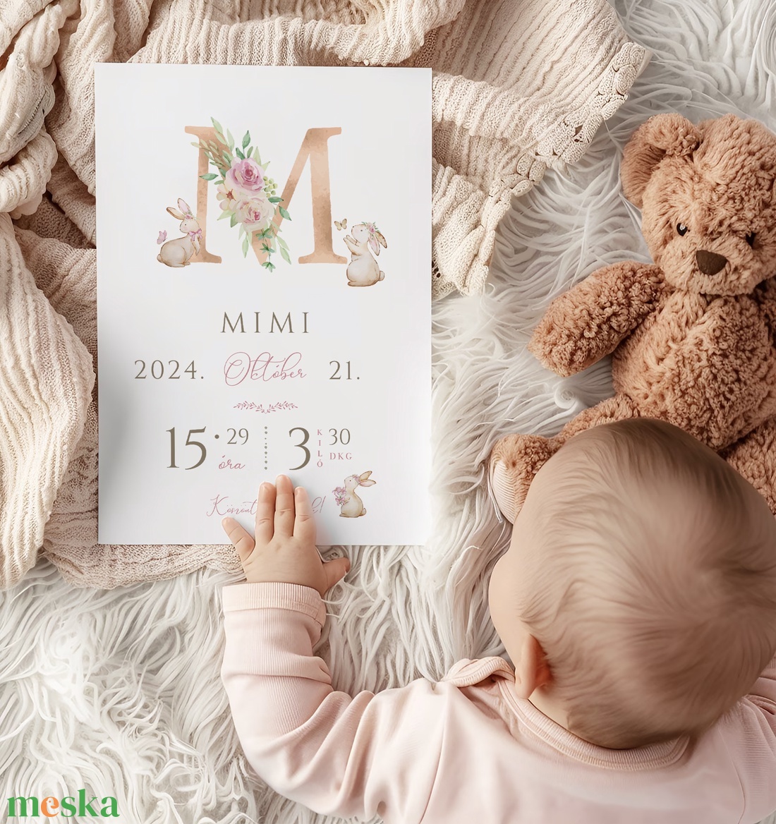 Megérkeztem baba poszter, megszülettem betű poszter, monogram, nyuszis - otthon & életmód - dekoráció - fali és függő dekoráció - betű & név - Meska.hu