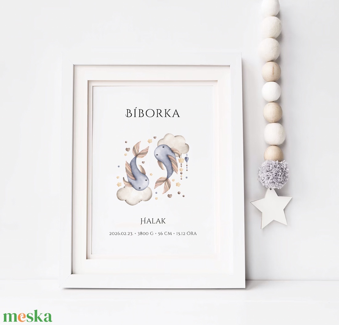 Halak gyerek horoszkóp, egyedi csillagjegyes kép, megérkeztem falikép - otthon & életmód - babaszoba, gyerekszoba - babaszoba kép - Meska.hu