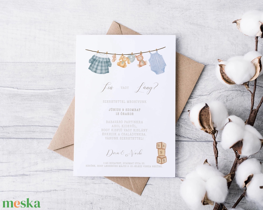 Babaváró, baba bejelentő meghívó, gender reveal party képeslap, baba nemét felfedő buli kártya - otthon & életmód - papír, írószer - ajándékozás kellékei - meghívó - Meska.hu