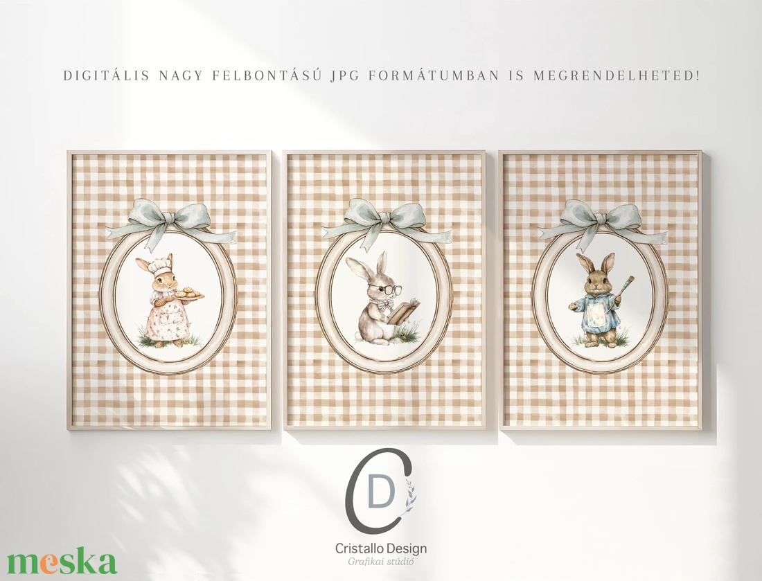 Nyuszi illusztrációs kép, vintage poszter, húsvéti falikép szett 3 db - baba - mama - babaszoba-dekoráció - babaszoba kép - Meska.hu