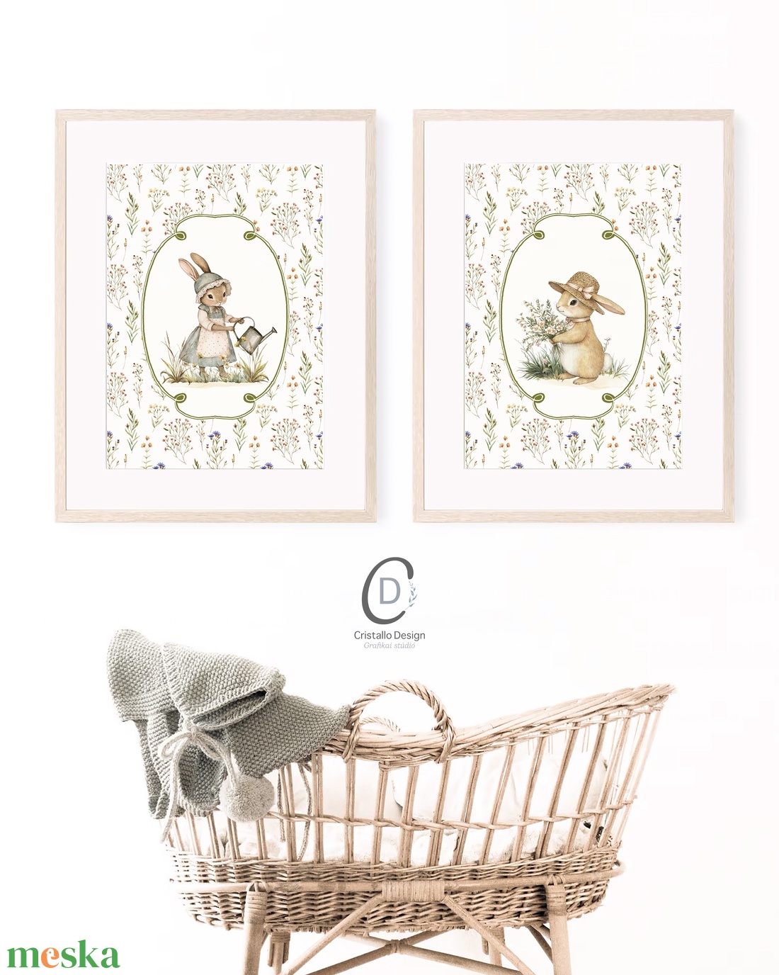 Nyuszi illusztrációs kép, vintage poszter, húsvéti falikép szett 2 db - baba - mama - babaszoba-dekoráció - babaszoba kép - Meska.hu