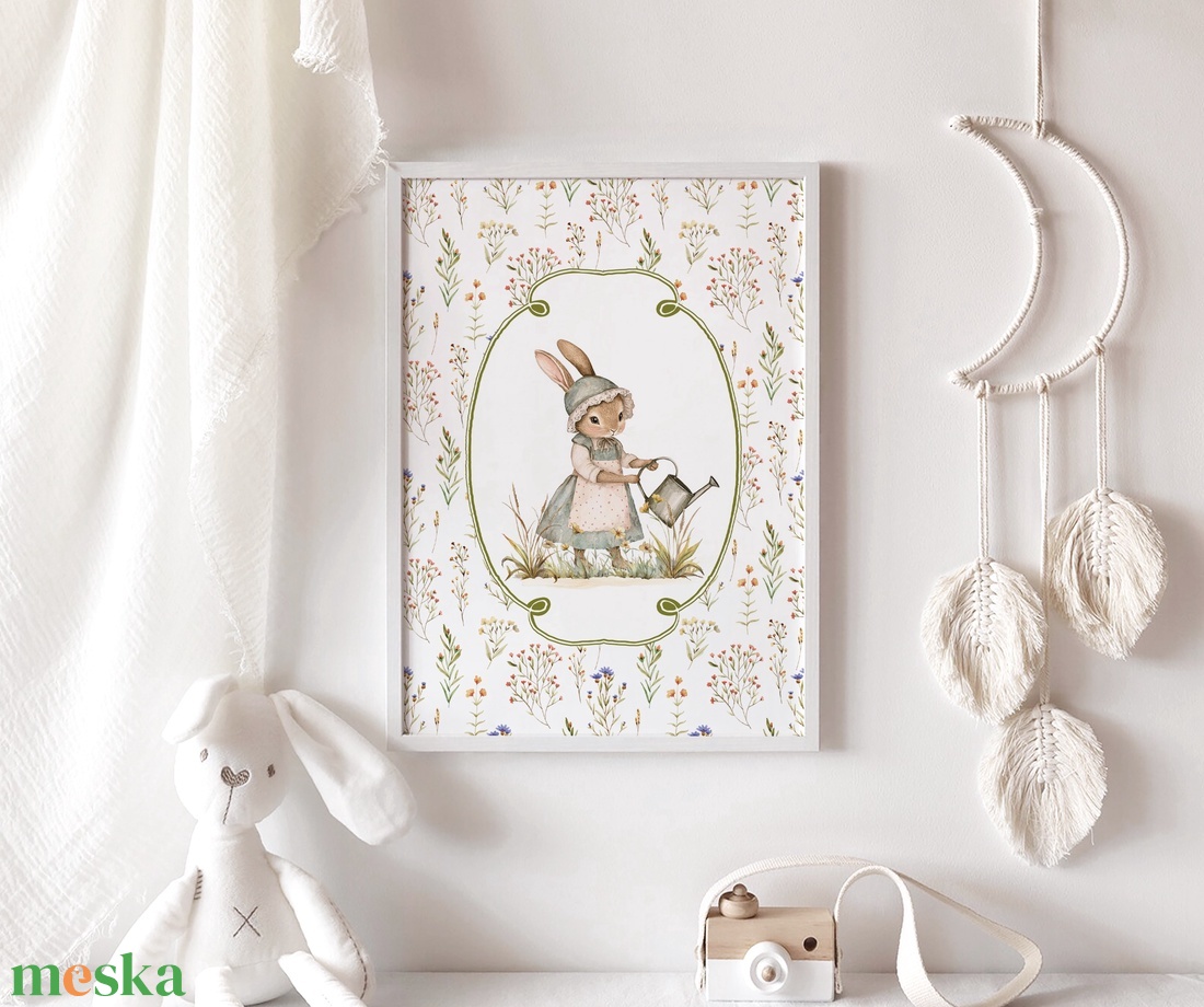 Nyuszi illusztrációs kép, vintage poszter, húsvéti falikép szett 2 db - baba - mama - babaszoba-dekoráció - babaszoba kép - Meska.hu
