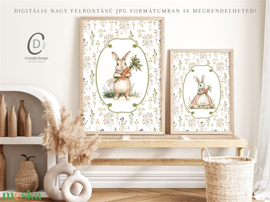 Nyuszi illusztrációs kép, vintage poszter, húsvéti falikép szett 2 db - otthon & életmód - babaszoba, gyerekszoba - babaszoba kép - Meska.hu