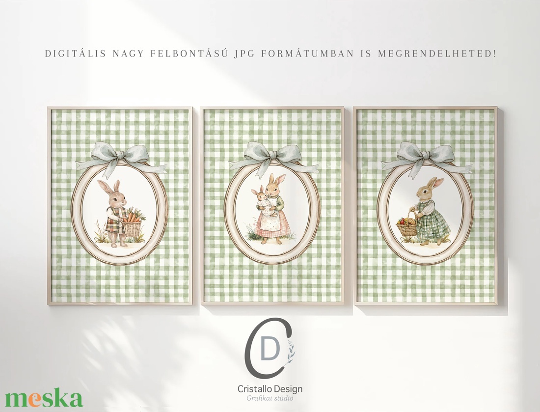 Nyuszi illusztrációs kép, vintage poszter, húsvéti falikép szett 3 db - baba - mama - babaszoba dekoráció - babaszoba kép - Meska.hu