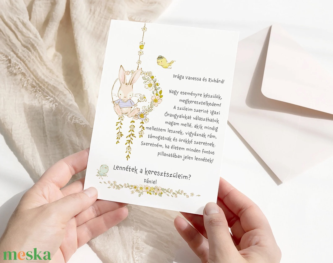 Keresztszülő felkérő kártya, nyuszis képeslap - játék & sport - keresztelőajándékok - Meska.hu