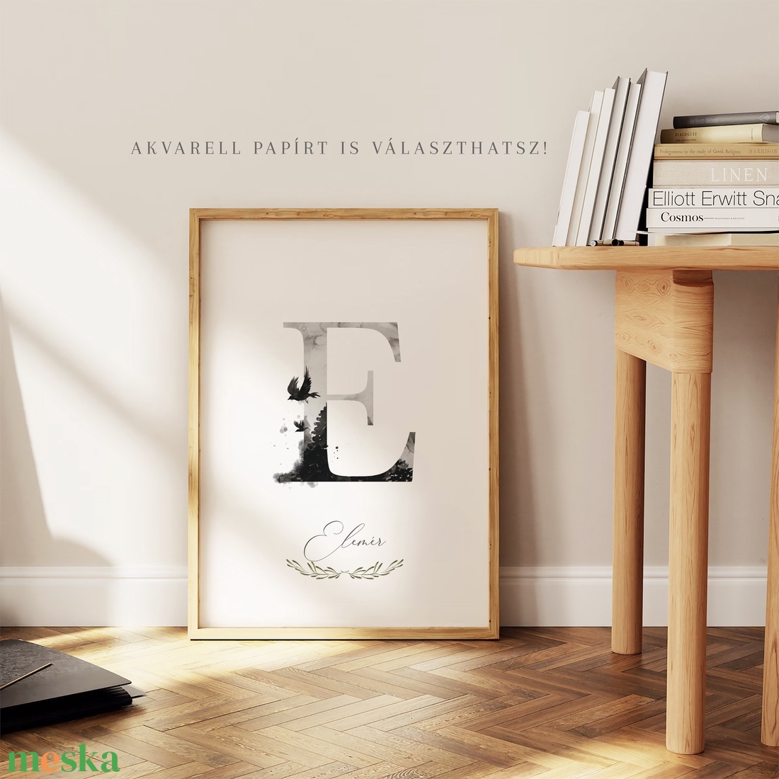 E betű, monogram, névnapi kép, dekoráció, akvarell falikép, személyre szóló - otthon & életmód - dekoráció - fali és függő dekoráció - betű & név - Meska.hu