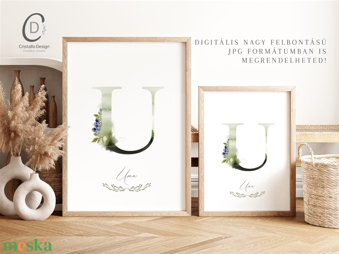 U betű, monogram, névnapi kép, dekoráció, akvarell falikép, személyre szóló - otthon & életmód - dekoráció - fali és függő dekoráció - betű & név - Meska.hu