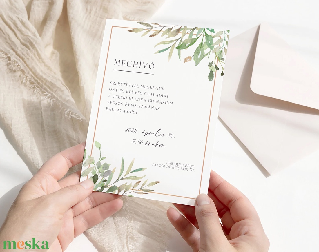 Iskolai ballagási meghívó, greenery kártya - otthon & életmód - papír, írószer - ajándékozás kellékei - meghívó - Meska.hu