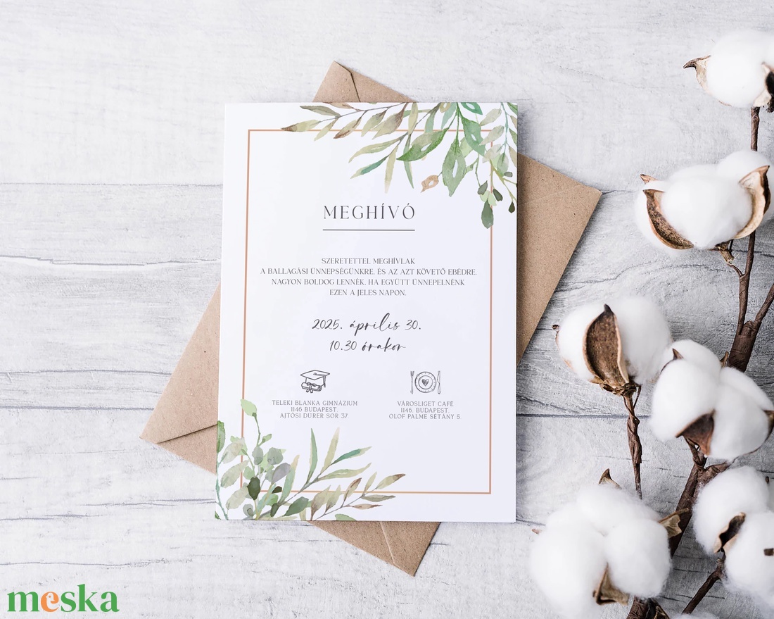 Iskolai ballagási meghívó, greenery kártya - otthon & életmód - papír, írószer - ajándékozás kellékei - meghívó - Meska.hu