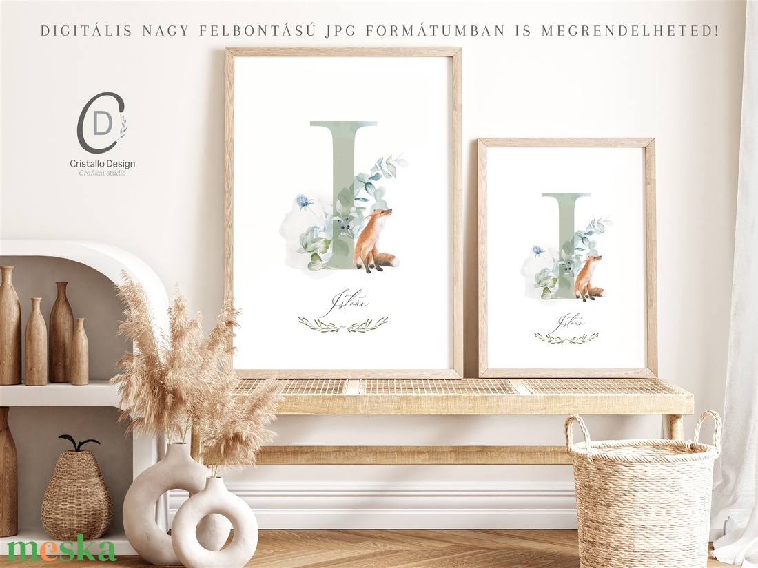 I betű, monogram, névnapi kép, dekoráció, akvarell falikép, személyre szóló, róka - otthon & életmód - dekoráció - fali és függő dekoráció - betű & név - Meska.hu