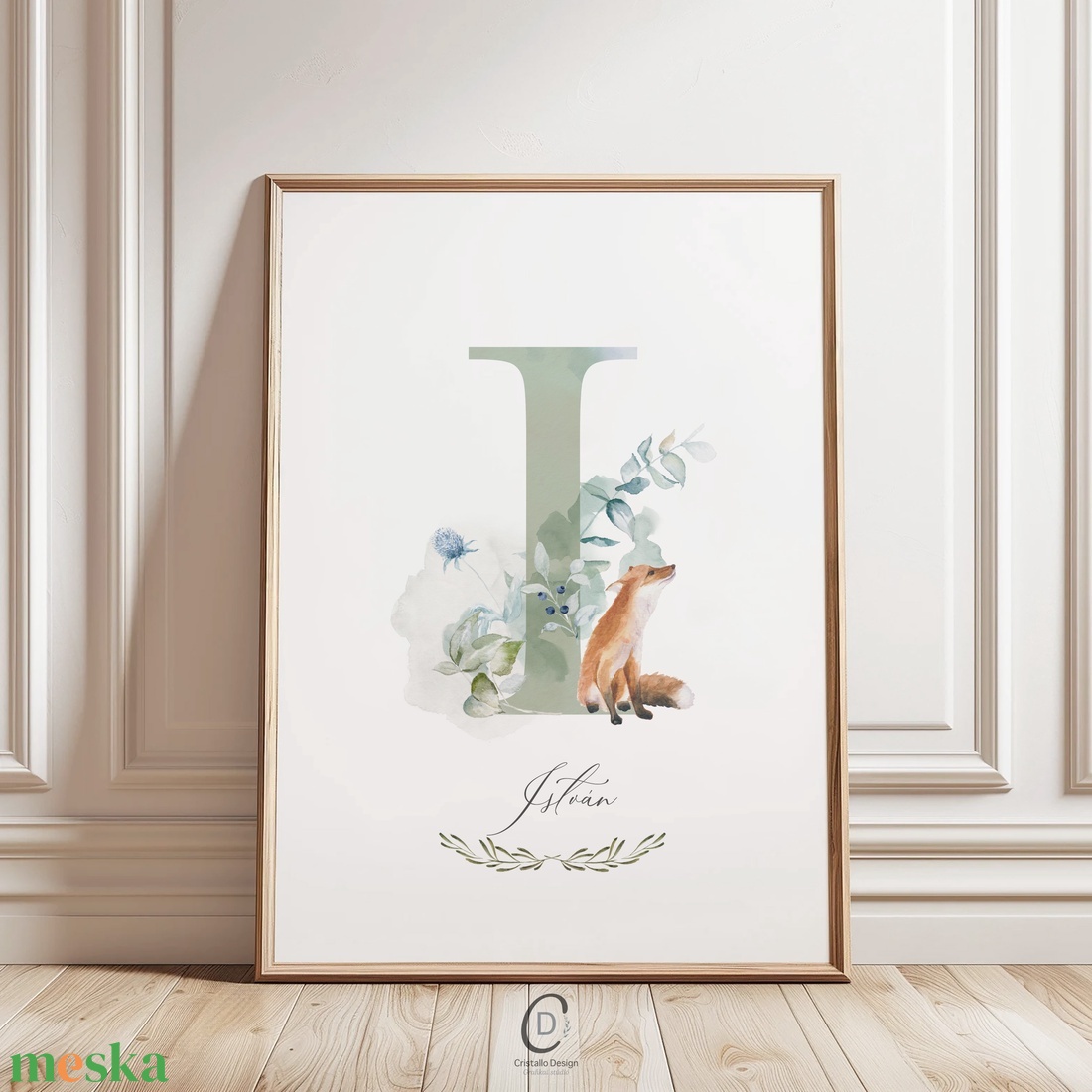 I betű, monogram, névnapi kép, dekoráció, akvarell falikép, személyre szóló, róka - otthon & életmód - dekoráció - fali és függő dekoráció - betű & név - Meska.hu