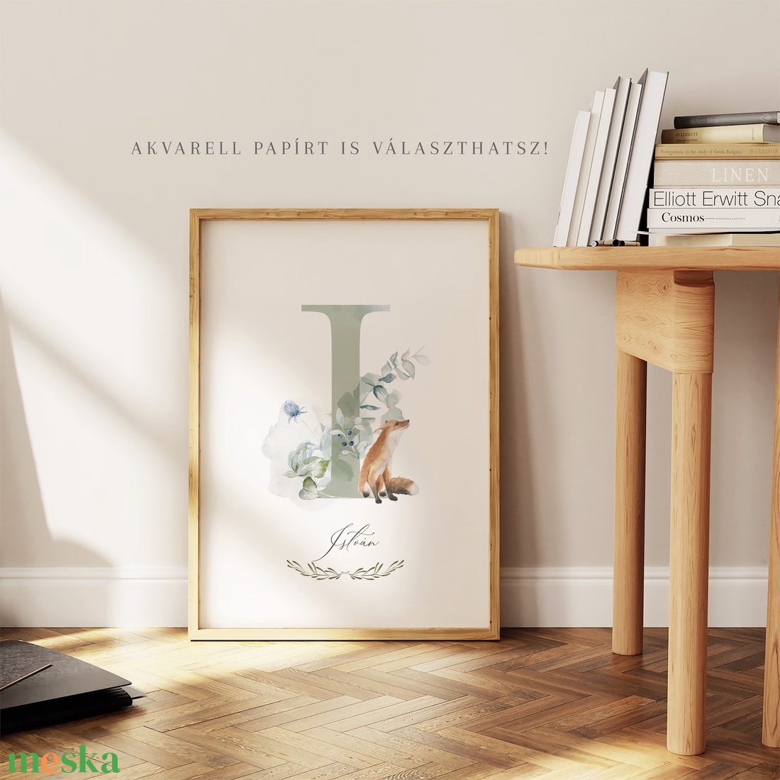 I betű, monogram, névnapi kép, dekoráció, akvarell falikép, személyre szóló, róka - otthon & életmód - dekoráció - fali és függő dekoráció - betű & név - Meska.hu