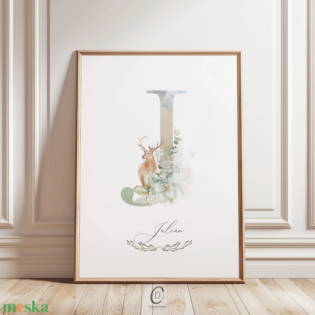 J betű, monogram poszter, névnapi kép, dekoráció, greenery falikép, erdei állatos - otthon & életmód - dekoráció - fali és függő dekoráció - betű & név - Meska.hu
