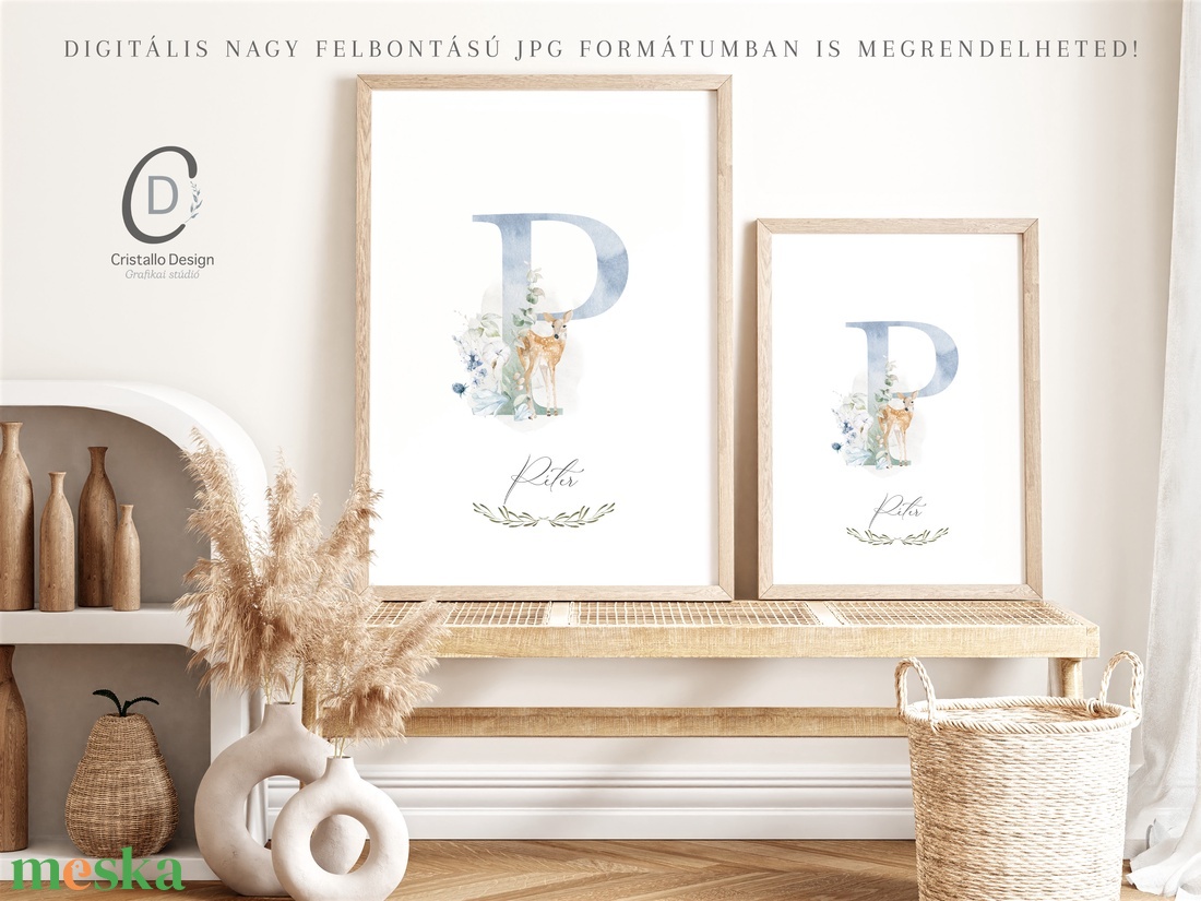 P betű, monogram, névnapi kép, dekoráció, greenery falikép, erdei állatos poszter - otthon & életmód - dekoráció - fali és függő dekoráció - betű & név - Meska.hu