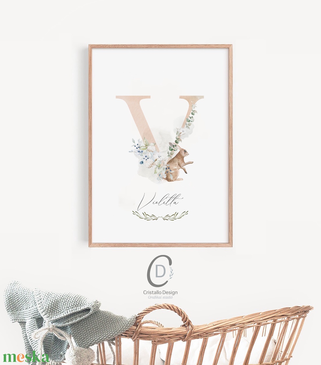 V betű, monogram, névnapi kép, dekoráció, greenery falikép, erdei állatos poszter - otthon & életmód - dekoráció - fali és függő dekoráció - betű & név - Meska.hu