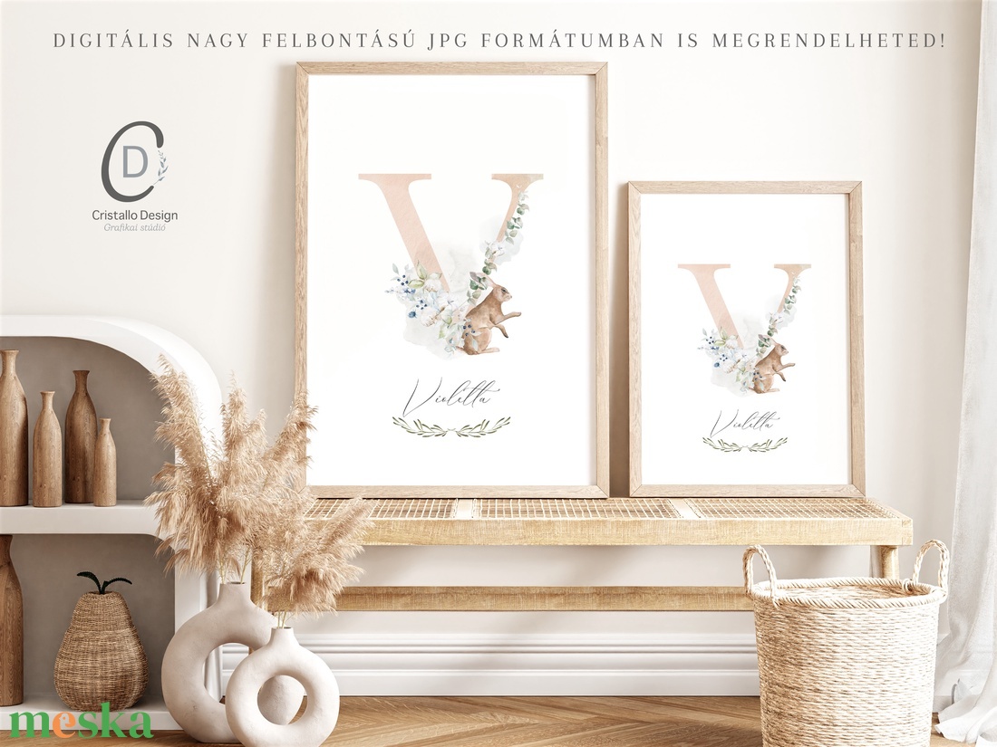 V betű, monogram, névnapi kép, dekoráció, greenery falikép, erdei állatos poszter - otthon & életmód - dekoráció - fali és függő dekoráció - betű & név - Meska.hu