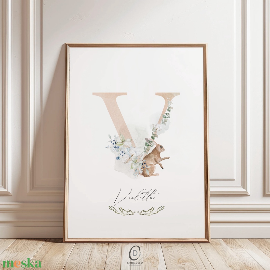 V betű, monogram, névnapi kép, dekoráció, greenery falikép, erdei állatos poszter - otthon & életmód - dekoráció - fali és függő dekoráció - betű & név - Meska.hu