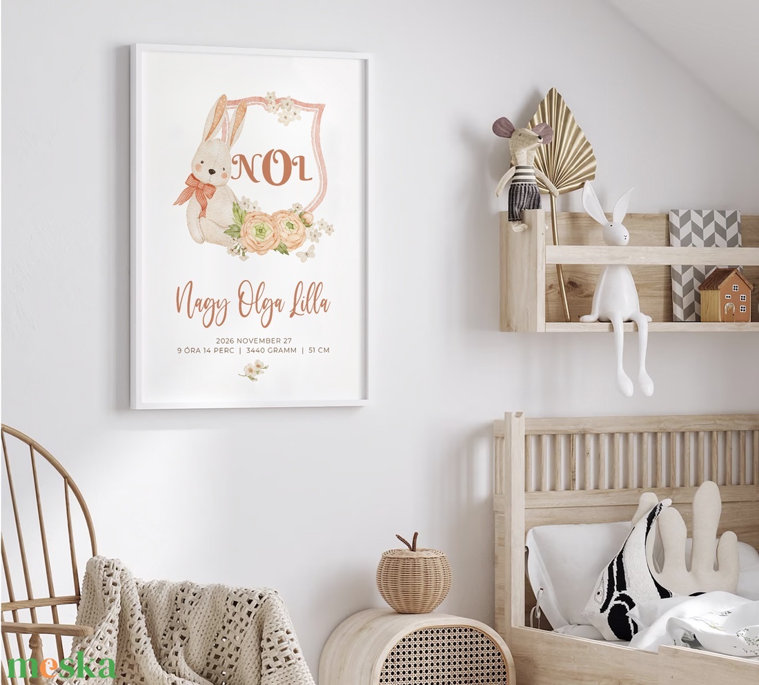 Megérkeztem baba poszter, megszülettem adatok, nyuszis keresztelő ajándék - otthon & életmód - babaszoba, gyerekszoba - babaszoba kép - Meska.hu