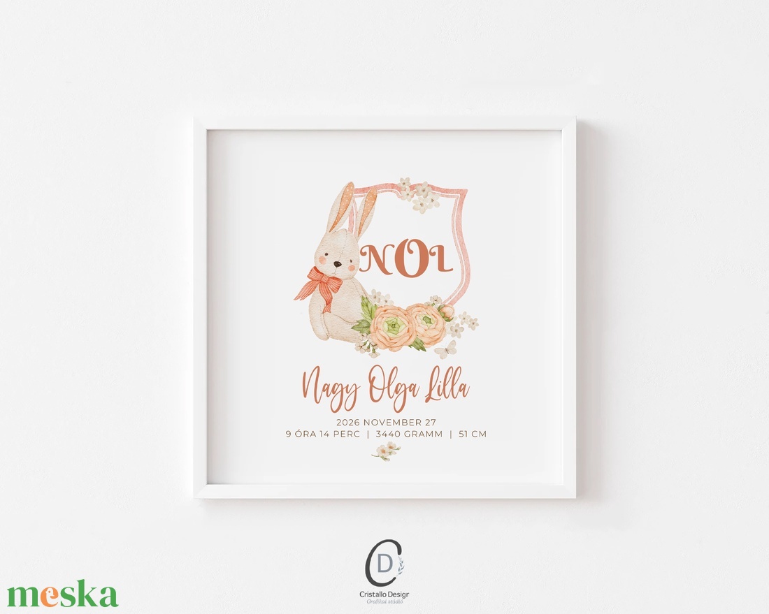 Megérkeztem baba poszter, megszülettem adatok, nyuszis keresztelő ajándék - otthon & életmód - babaszoba, gyerekszoba - babaszoba kép - Meska.hu