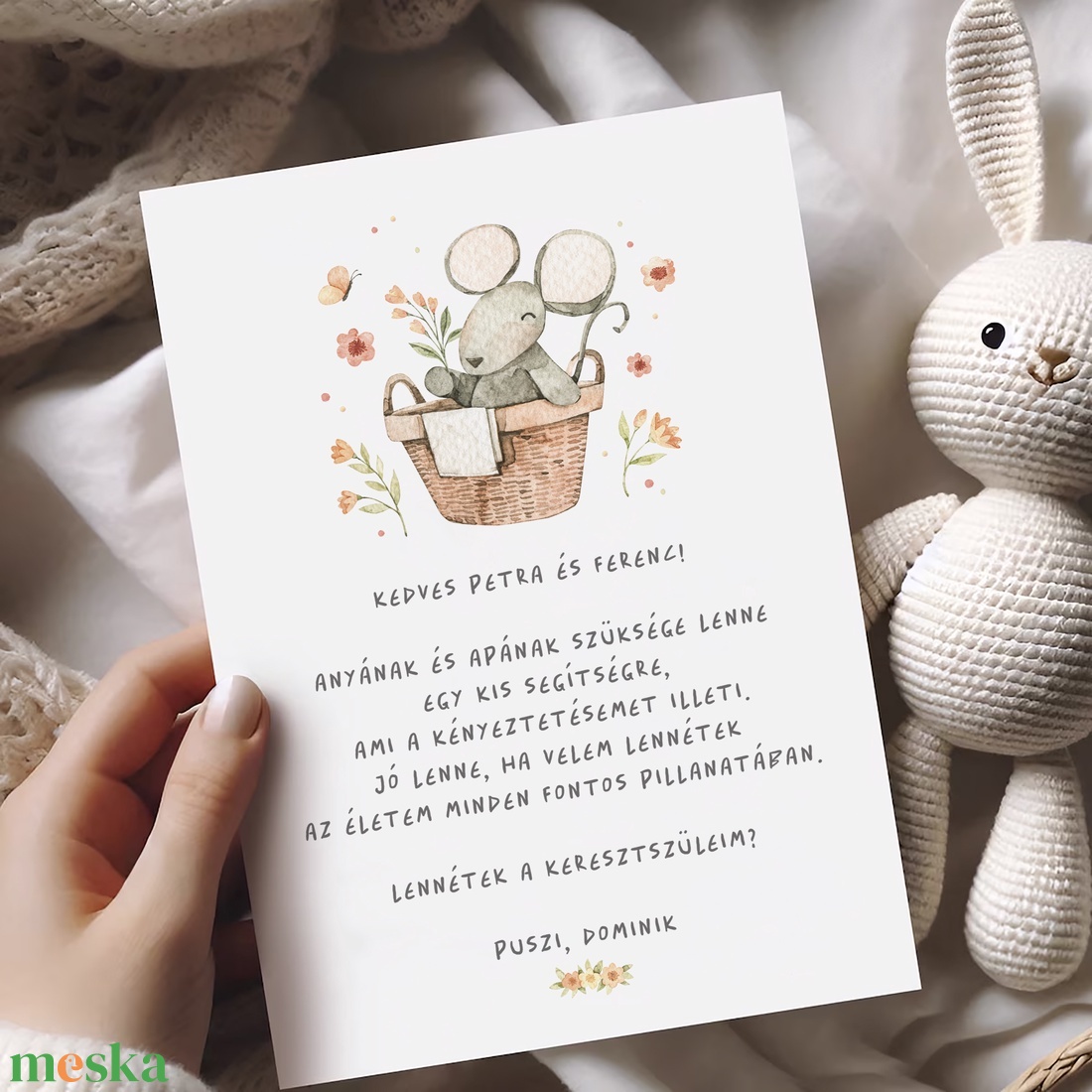 Keresztszülő felkérő kártya, egérkés képeslap, ajándékkísérő - otthon & életmód - papír, írószer - ajándékozás kellékei - képeslap, üdvözlőlap - Meska.hu