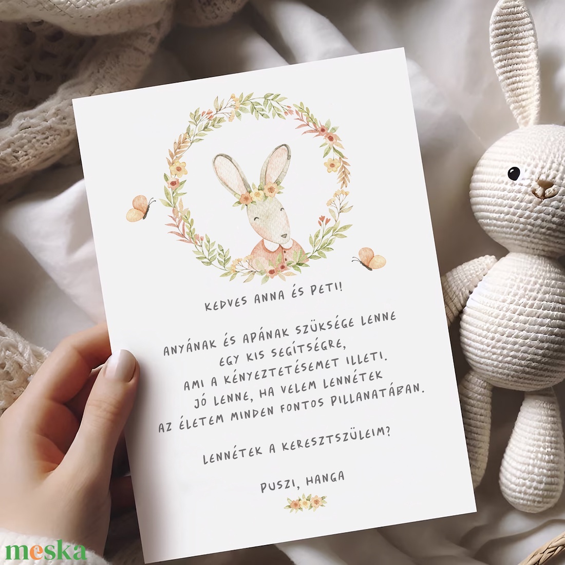 Keresztszülő felkérő kártya, nyuszis képeslap, ajándékkísérő - játék & sport - keresztelőajándékok - Meska.hu