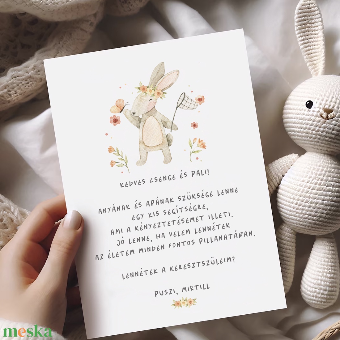 Keresztszülő felkérő kártya, nyuszis képeslap - játék & sport - keresztelőajándékok - Meska.hu