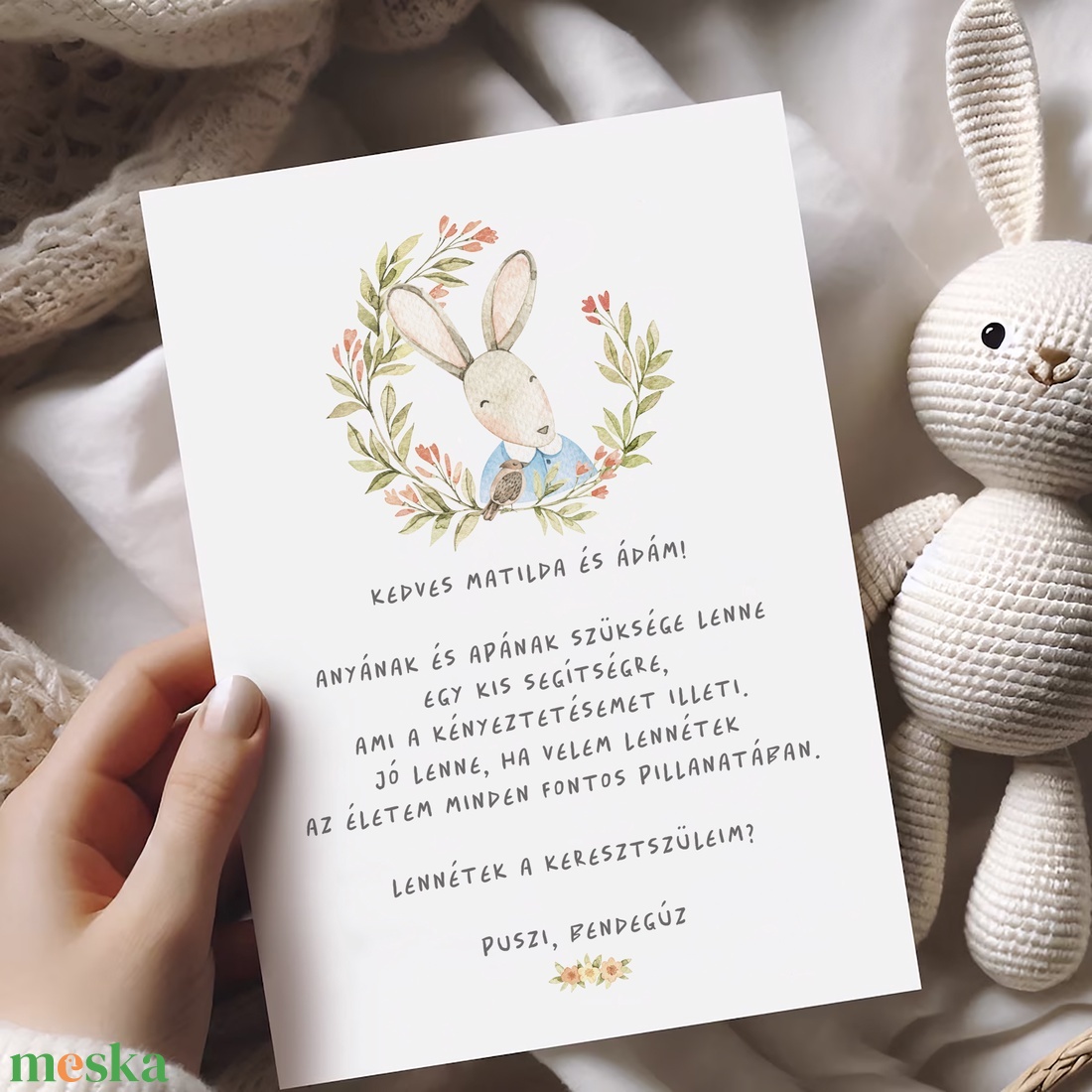 Keresztszülő felkérő kártya, nyuszis képeslap, ajándékkísérő - játék & sport - keresztelőajándékok - Meska.hu