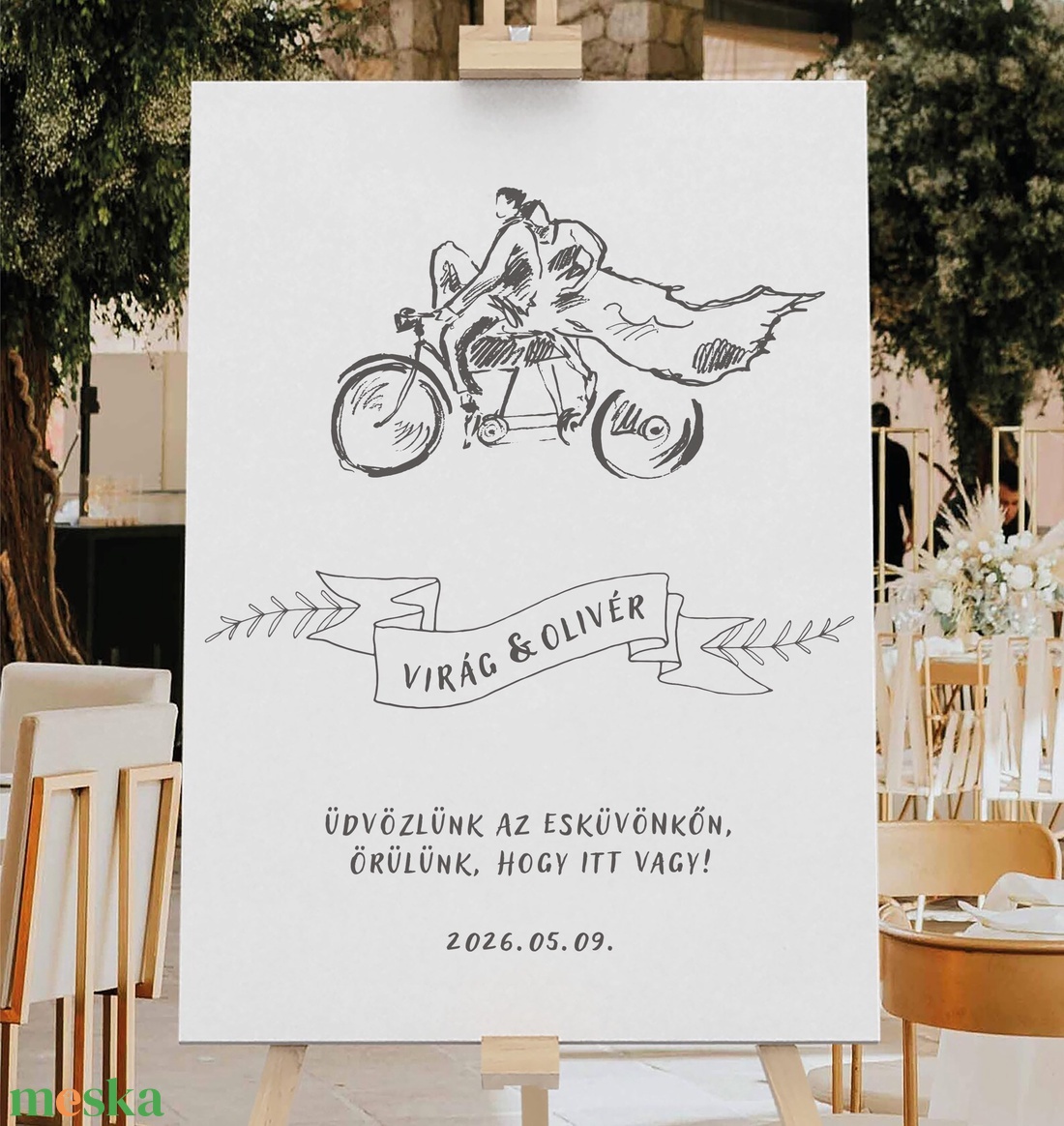 Esküvői üdvözlő tábla, vendégköszöntő, biciklis vendégváró poszter - esküvő - dekoráció - tábla & jelzés - Meska.hu