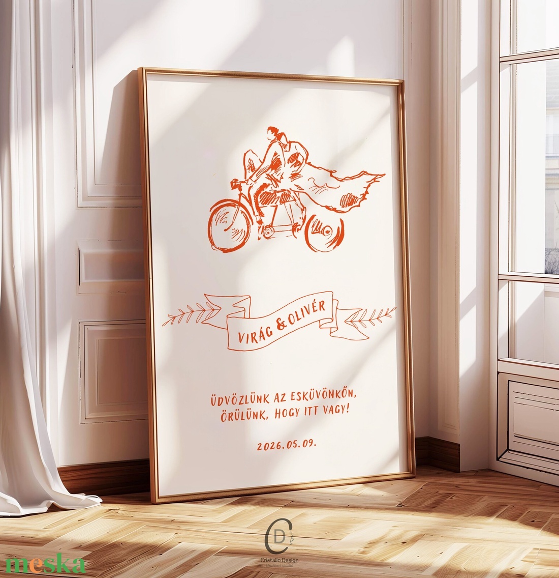 Esküvői üdvözlő tábla, vendégköszöntő, biciklis vendégváró poszter - esküvő - dekoráció - tábla & jelzés - Meska.hu