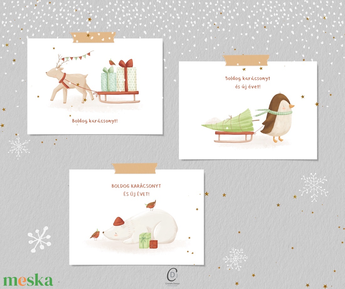 Karácsonyi képeslap, Északi - sarki üdvözlőlap, ajándékkísérő szett 3 db - karácsony - karácsonyi ajándékozás - karácsonyi képeslap, üdvözlőlap, ajándékkísérő - Meska.hu