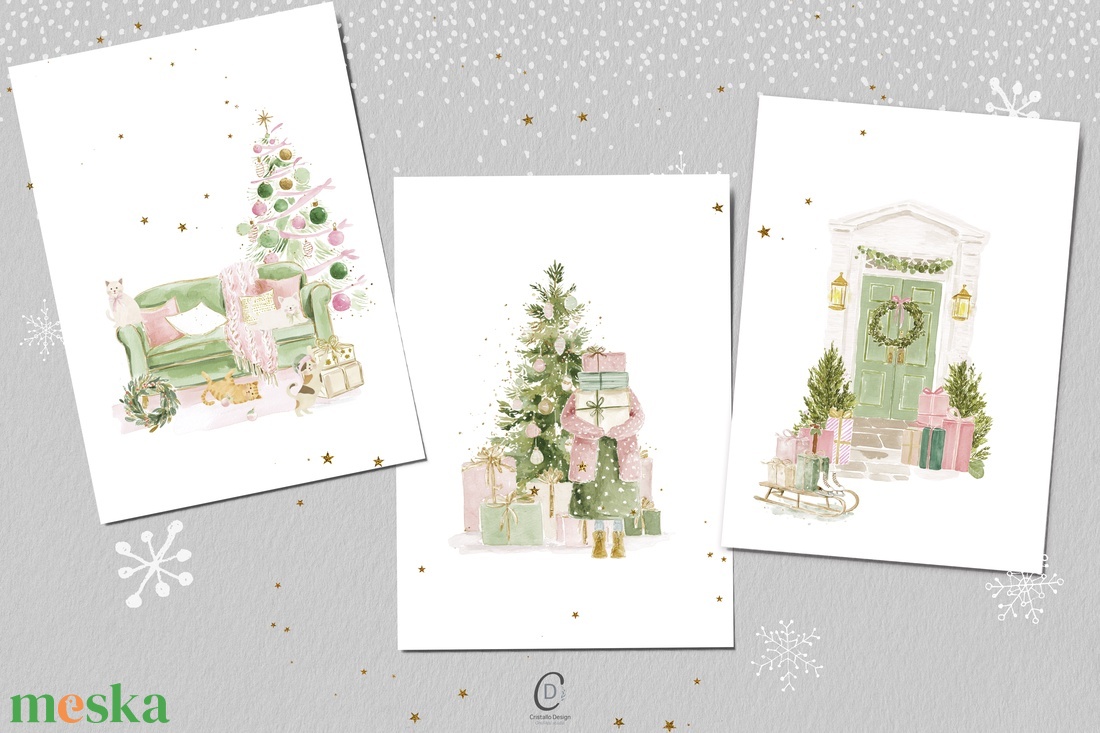 Macskás karácsonyi képeslap, téli üdvözlőlap, ajándékkísérő szett 3 db - karácsony - karácsonyi lakásdekoráció - karácsonyi lakásdíszek - Meska.hu