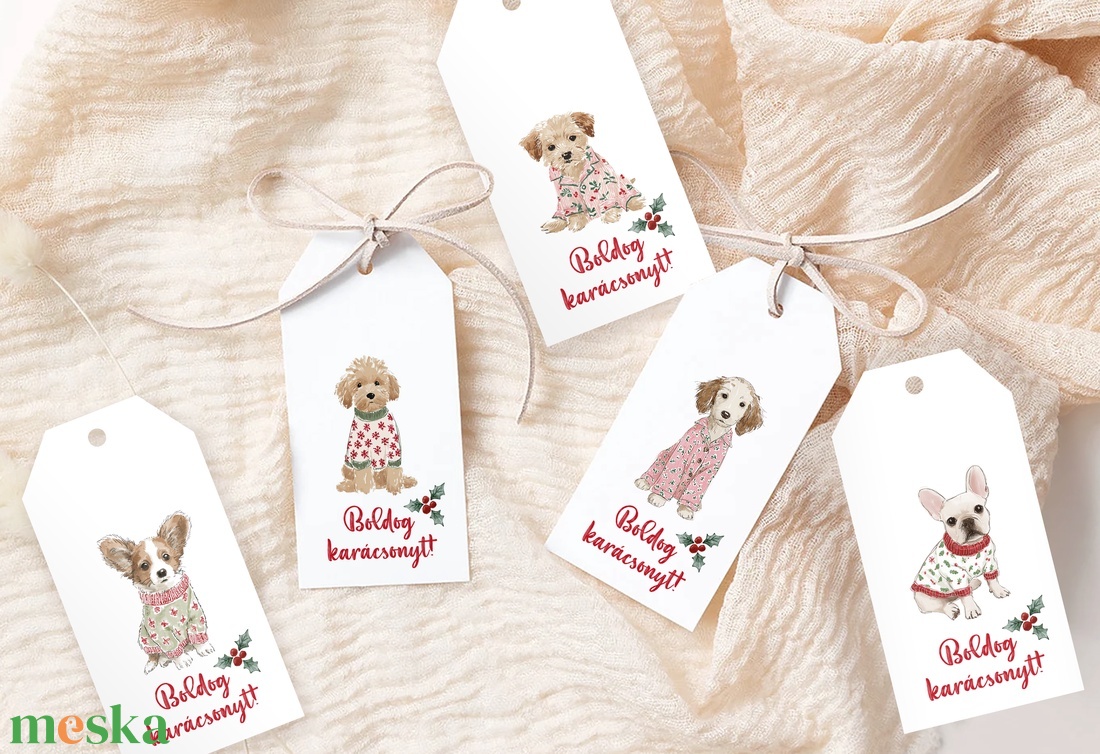 Karácsonyi ajándékkísérő kártya, kutyás ajándékátadó címke szett 5 db - karácsony - karácsonyi ajándékozás - karácsonyi képeslap, üdvözlőlap, ajándékkísérő - Meska.hu