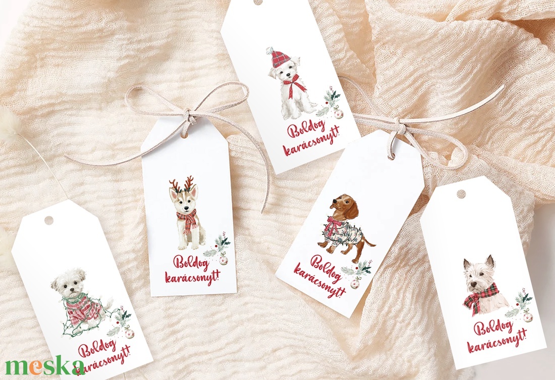 Karácsonyi ajándékkísérő kártya, kutyás ajándékátadó címke szett 5 db - karácsony - karácsonyi ajándékozás - karácsonyi képeslap, üdvözlőlap, ajándékkísérő - Meska.hu
