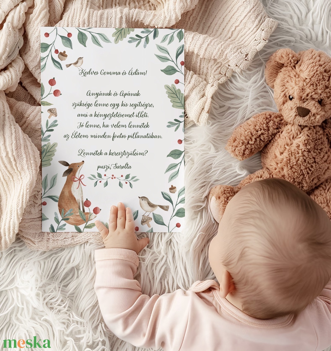 Keresztszülő felkérő kártya, erdei állatos képeslap - játék & sport - keresztelőajándékok - Meska.hu