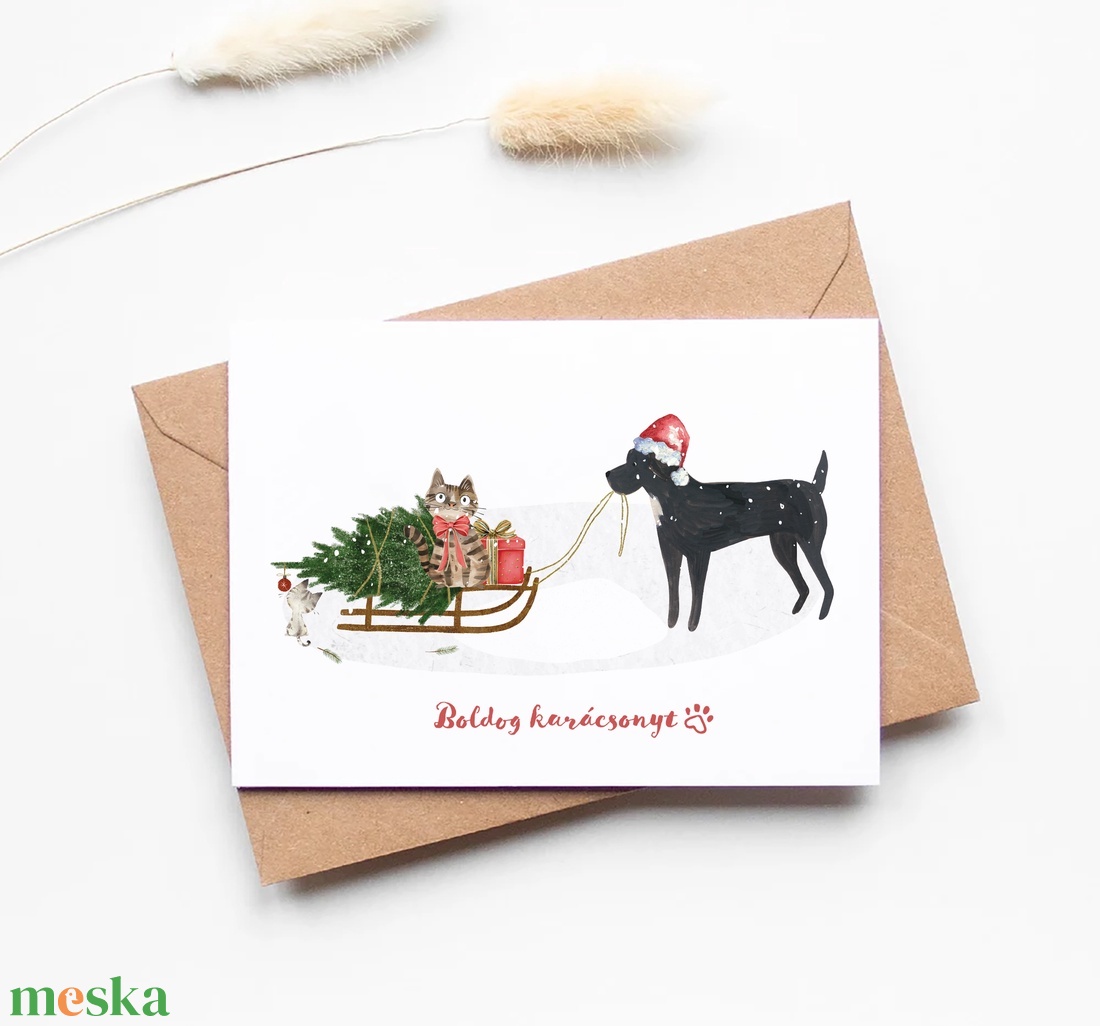 Kutyás, macskás karácsonyi képeslap, ünnepi üdvözlőlap, ajándékkísérő - karácsony - karácsonyi ajándékozás - karácsonyi képeslap, üdvözlőlap, ajándékkísérő - Meska.hu