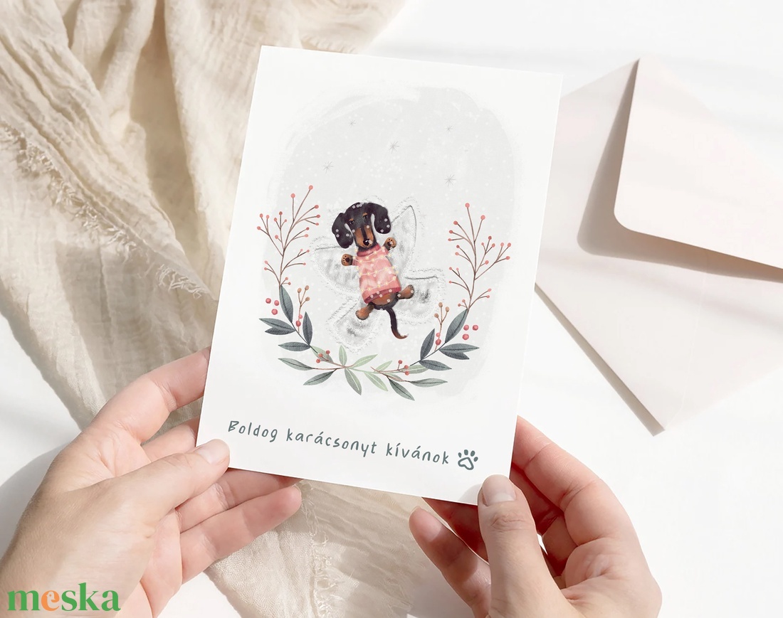 Karácsonyi képeslap, kutyás üdvözlőlap, hóangyalos ajándékkísérő szett 3 db - karácsony - karácsonyi ajándékozás - karácsonyi képeslap, üdvözlőlap, ajándékkísérő - Meska.hu