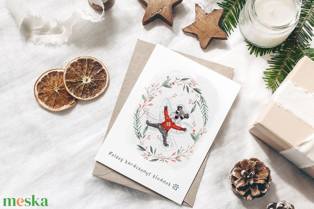Karácsonyi képeslap, kutyás üdvözlőlap, hóangyalos ajándékkísérő szett 3 db - karácsony - karácsonyi ajándékozás - karácsonyi képeslap, üdvözlőlap, ajándékkísérő - Meska.hu