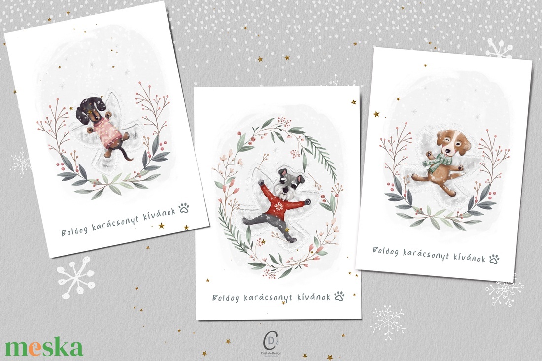 Karácsonyi képeslap, kutyás üdvözlőlap, hóangyalos ajándékkísérő szett 3 db - karácsony - karácsonyi ajándékozás - karácsonyi képeslap, üdvözlőlap, ajándékkísérő - Meska.hu