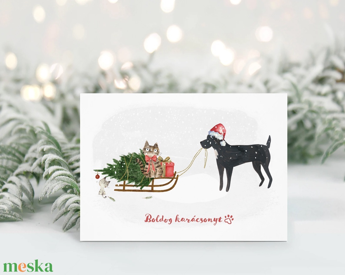 Kutyás, macskás karácsonyi képeslap, ünnepi üdvözlőlap, ajándékkísérő - karácsony - karácsonyi ajándékozás - karácsonyi képeslap, üdvözlőlap, ajándékkísérő - Meska.hu