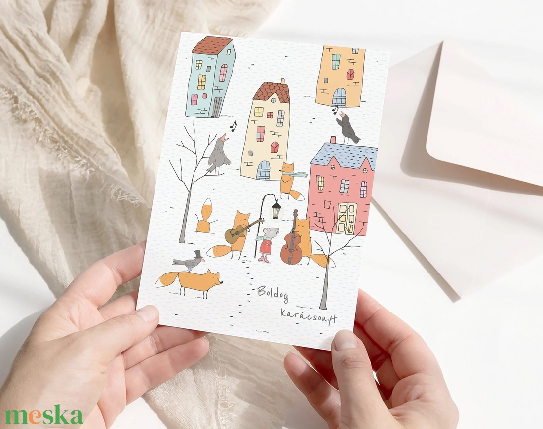 Karácsonyi képeslap, rókás üdvözlőlap, városi zenészek, ajándékkísérő  - karácsony - karácsonyi ajándékozás - karácsonyi képeslap, üdvözlőlap, ajándékkísérő - Meska.hu