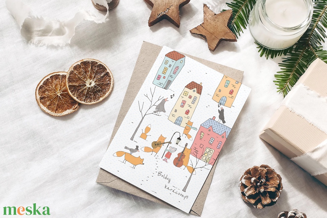 Karácsonyi képeslap, rókás üdvözlőlap, városi zenészek, ajándékkísérő  - karácsony - karácsonyi ajándékozás - karácsonyi képeslap, üdvözlőlap, ajándékkísérő - Meska.hu