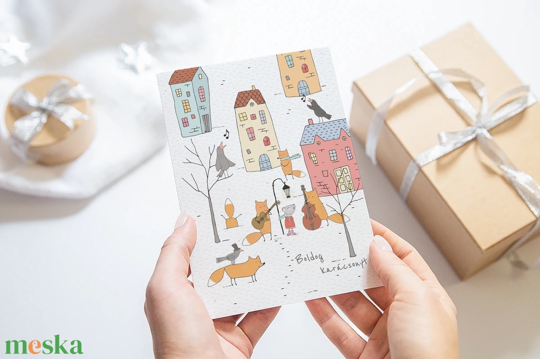 Karácsonyi képeslap, rókás üdvözlőlap, városi zenészek, ajándékkísérő  - karácsony - karácsonyi ajándékozás - karácsonyi képeslap, üdvözlőlap, ajándékkísérő - Meska.hu